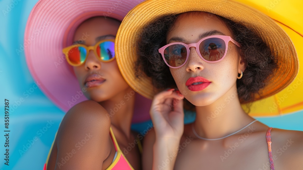 beautiful young bright fashionable girls in colorful swimsuits beautiful young bright fashionable girls in colorful swimsuits