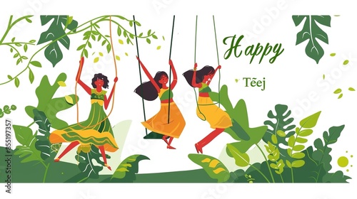 illsuatrtion of indian festival hariyali teej means green teej .woman enjoy the festival with swing in monsoon on beautiful landscape backdrop.. photo