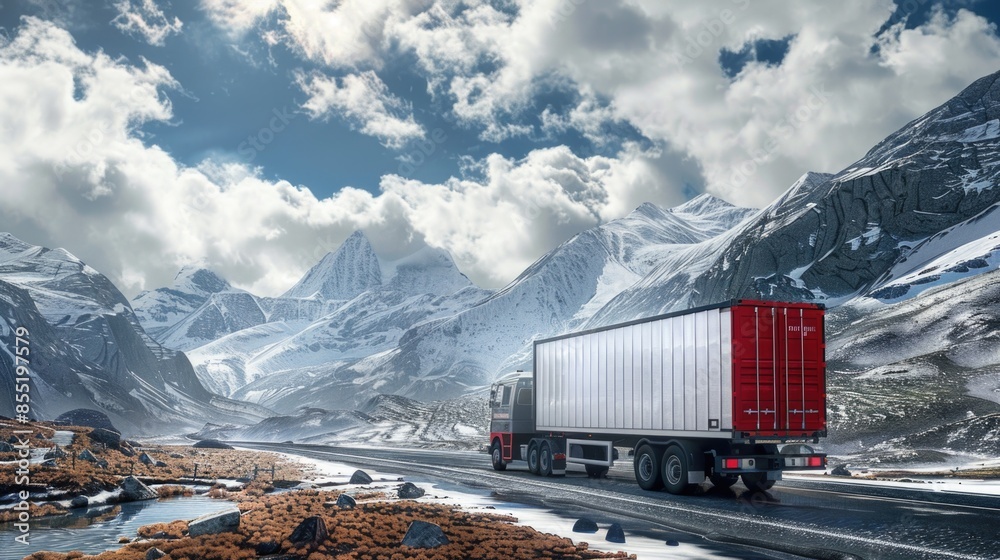 A red and white semi truck drives down a mountain road, with scenic views of the mountainside