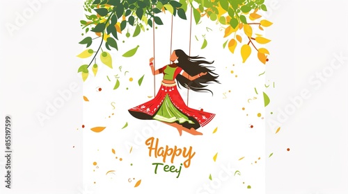illsuatrtion of indian festival hariyali teej means green teej .woman enjoy the festival with swing in monsoon on beautiful landscape backdrop.. photo