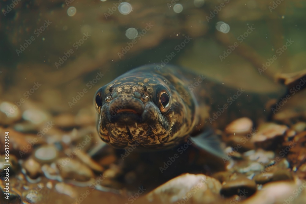 A close-up view of a fish swimming in a body of water, with ripples and sunlight reflecting off the surface A close-up view of a fish swimming in a body of water, with ripples and sunlight reflecting off the surface