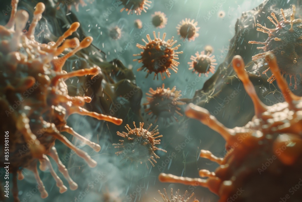 Close-up view of multiple viral particles on a background