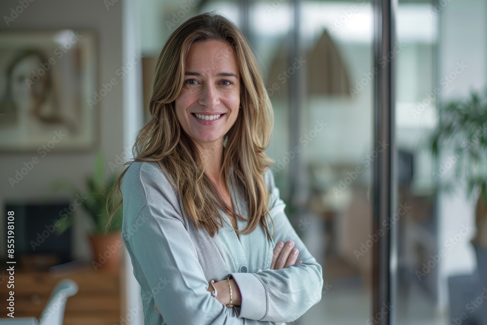 © pham - A woman with long brown hair smiles confidently while standing with her arms crossed in an office setting © pham - A woman with long brown hair smiles confidently while standing with her arms crossed in an office setting