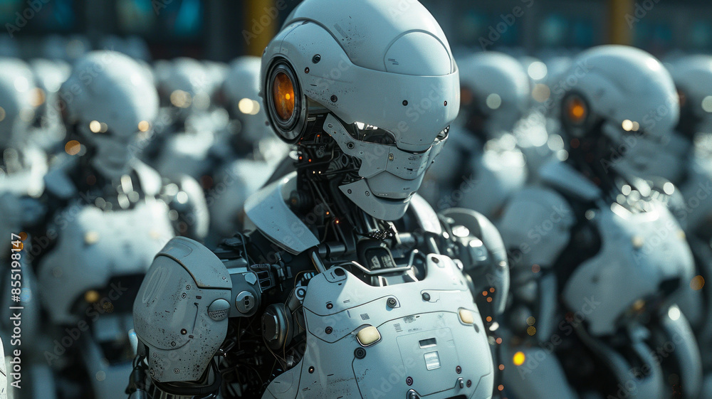 A futuristic classroom: robotic students, one puzzled human.generative ai A futuristic classroom: robotic students, one puzzled human.generative ai