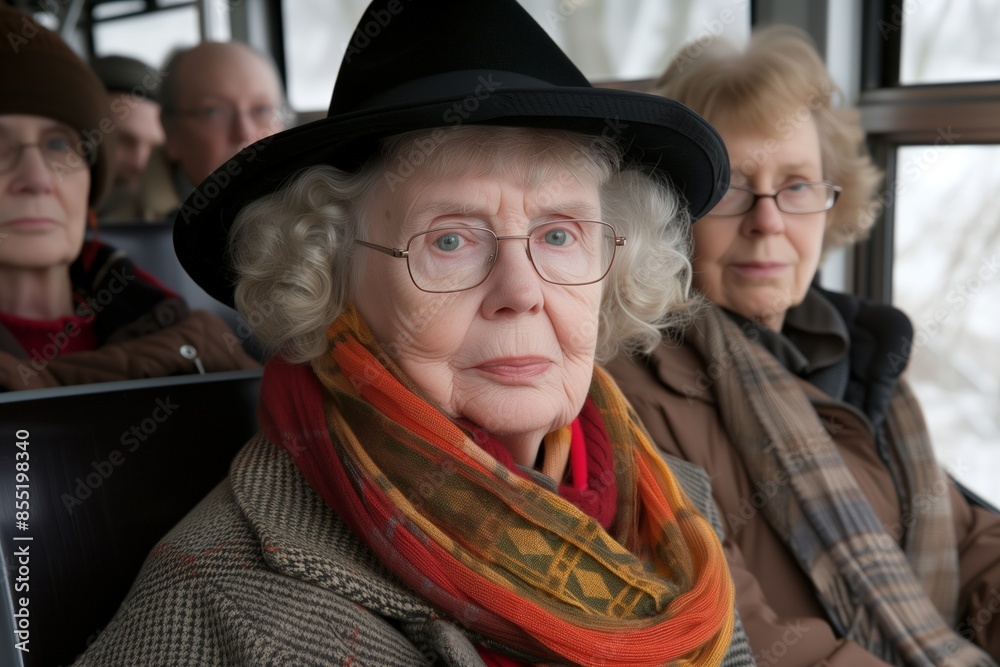 A woman with a black hat and glasses is sitting on a bus with other people. She is the only one wearing a hat A woman with a black hat and glasses is sitting on a bus with other people. She is the only one wearing a hat