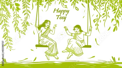 illsuatrtion of indian festival hariyali teej means green teej .woman enjoy the festival with swing in monsoon on beautiful landscape backdrop.. photo