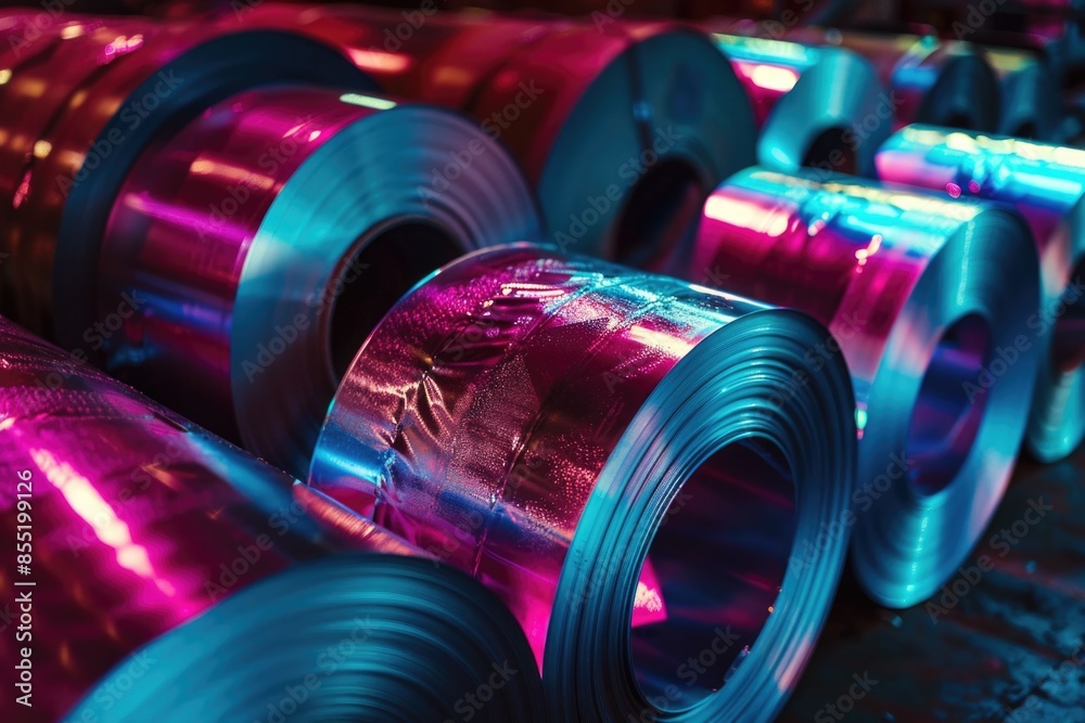 Close-up view of colored steel rolls stacked on a table Close-up view of colored steel rolls stacked on a table