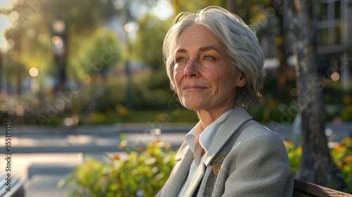 A 60-Year-Old Gray-Haired Businesswoman Enjoying The Weather During A Break
