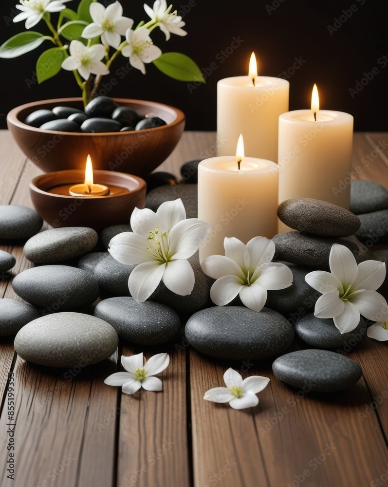 Tranquil spa scene with lit candles, smooth stones, and delicate white flowers on a wooden surface, creating a peaceful and calming ambiance. Tranquil spa scene with lit candles, smooth stones, and delicate white flowers on a wooden surface, creating a peaceful and calming ambiance.