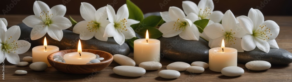 Tranquil spa scene with lit candles, smooth stones, and delicate white flowers on a wooden surface, creating a peaceful and calming ambiance. Tranquil spa scene with lit candles, smooth stones, and delicate white flowers on a wooden surface, creating a peaceful and calming ambiance.