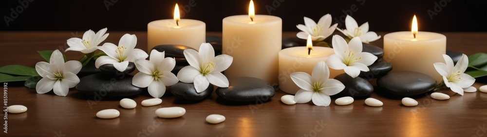 Tranquil spa scene with lit candles, smooth stones, and delicate white flowers on a wooden surface, creating a peaceful and calming ambiance. Tranquil spa scene with lit candles, smooth stones, and delicate white flowers on a wooden surface, creating a peaceful and calming ambiance.
