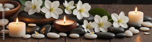 Tranquil spa scene with lit candles, smooth stones, and delicate white flowers on a wooden surface, creating a peaceful and calming ambiance.