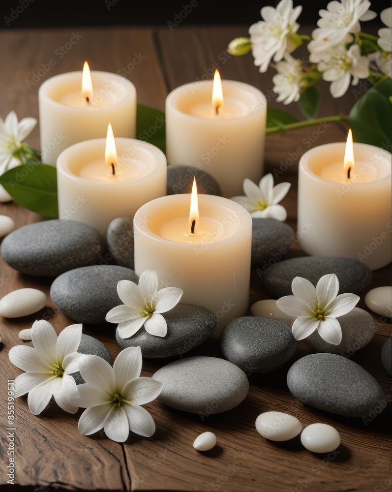 Tranquil spa scene with lit candles, smooth stones, and delicate white flowers on a wooden surface, creating a peaceful and calming ambiance. Tranquil spa scene with lit candles, smooth stones, and delicate white flowers on a wooden surface, creating a peaceful and calming ambiance.