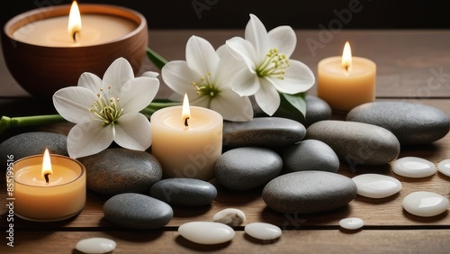 Tranquil spa scene with lit candles, smooth stones, and delicate white flowers on a wooden surface, creating a peaceful and calming ambiance.