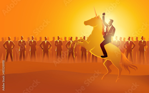 Businessman riding a unicorn, symbolizing a company valued over $1 billion, leads his team towards ambitious goals. This symbolizes startup success, visionary leadership, and team motivation