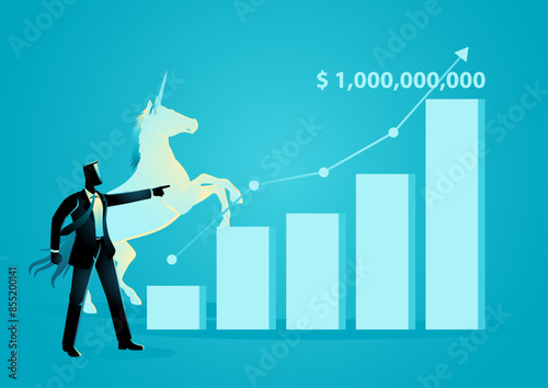 Businessman pointing, increasing graph bar reaching $1 billion, with a unicorn in the background. Concept for start-up business, symbolizes ambitious goals and the pursuit of unicorn status