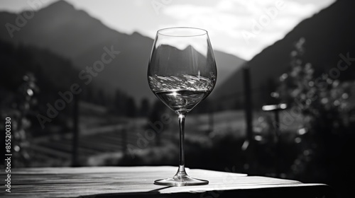 A clear glass filled with water sits on a wooden table photo