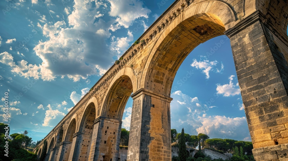 Fototapeta premium A stone bridge with arches against a clear blue sky, great for backgrounds or architectural shots