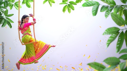 illsuatrtion of indian festival hariyali teej means green teej .woman enjoy the festival with swing in monsoon on beautiful landscape backdrop.. photo