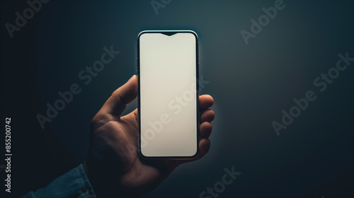 Uma mão segurando um smartphone com tela vazia, posicionado contra um fundo escuro para enfatizar o display photo