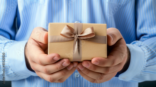 Hands holding a wrapped gift box with a ribbon.