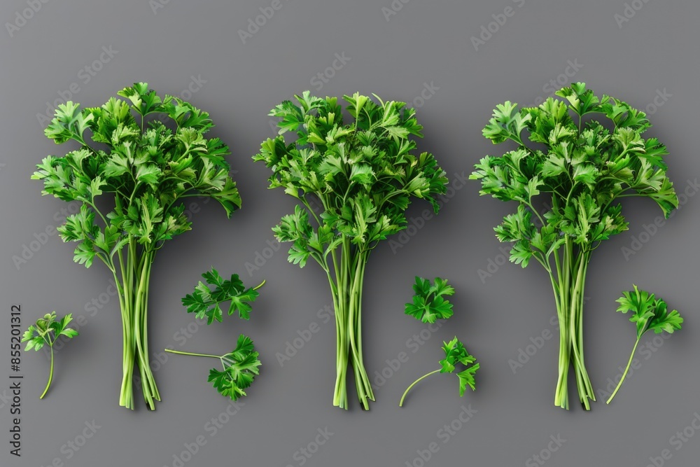 A cluster of fresh parsley herbs sitting on a gray surface, great for food and cooking photography A cluster of fresh parsley herbs sitting on a gray surface, great for food and cooking photography