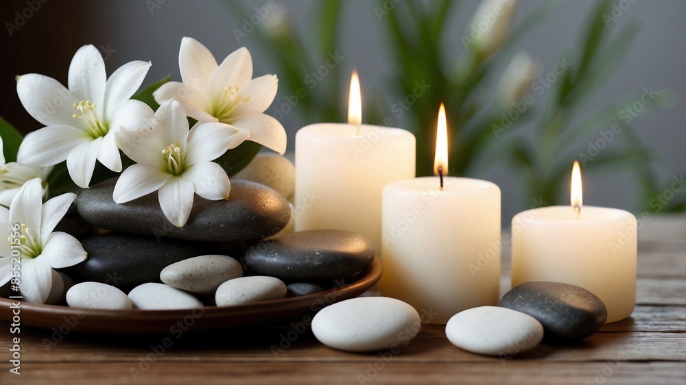 Tranquil spa scene with lit candles, smooth stones, and delicate white flowers on a wooden surface, creating a peaceful and calming ambiance. Tranquil spa scene with lit candles, smooth stones, and delicate white flowers on a wooden surface, creating a peaceful and calming ambiance.