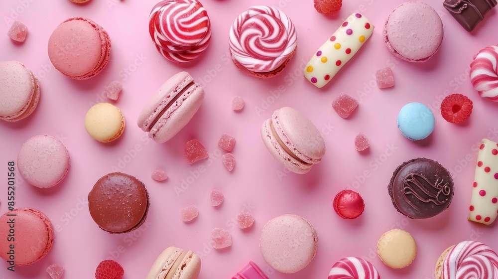 Various sweet treats on a bright pink surface