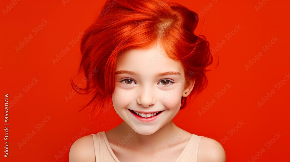 Portrait of a gorgeous cute smiling beautiful child girl with red hair and perfect skin, red background, banner. Portrait of a gorgeous cute smiling beautiful child girl with red hair and perfect skin, red background, banner.