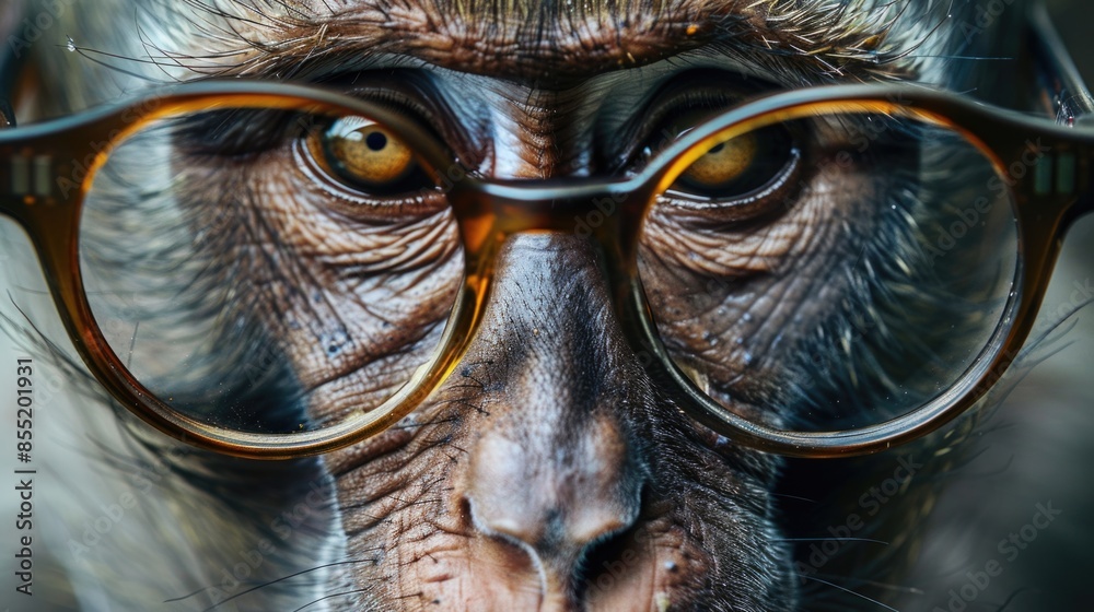 A detailed view of a monkey wearing glasses, perfect for representing intelligence or cleverness in an image A detailed view of a monkey wearing glasses, perfect for representing intelligence or cleverness in an image