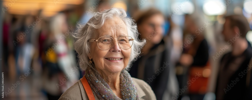 An older woman smiling with confidence towards the camera, with a blurred crowd of people behind her in a modern setting An older woman smiling with confidence towards the camera, with a blurred crowd of people behind her in a modern setting