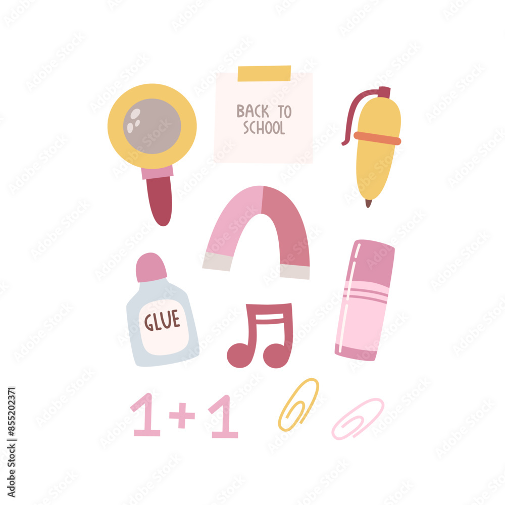 Back to school. Cartoon set for children with thematic elements, hand drawing lettering. Colorful vector illustration, flat style. design for cards, print, poster, cover Back to school. Cartoon set for children with thematic elements, hand drawing lettering. Colorful vector illustration, flat style. design for cards, print, poster, cover
