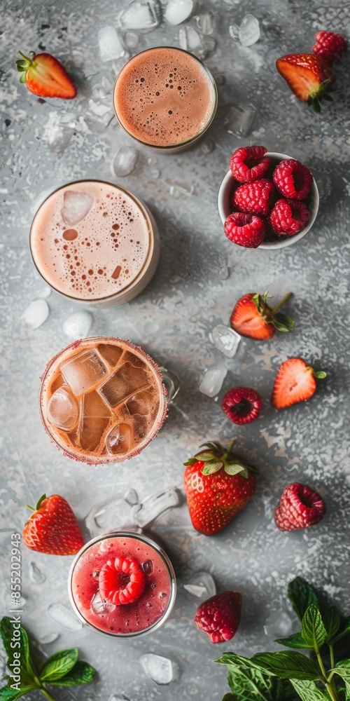 Fototapeta premium Refreshing summer cocktails with vibrant strawberries and raspberries on ice gray background, vacation vibes, relaxation, and good times.