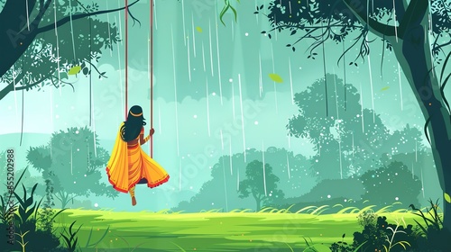 illsuatrtion of indian festival hariyali teej means green teej .woman enjoy the festival with swing in monsoon on beautiful landscape backdrop..