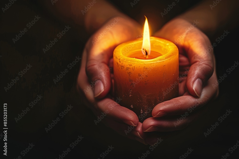 Burning candle in hands on a dark background Burning candle in hands on a dark background