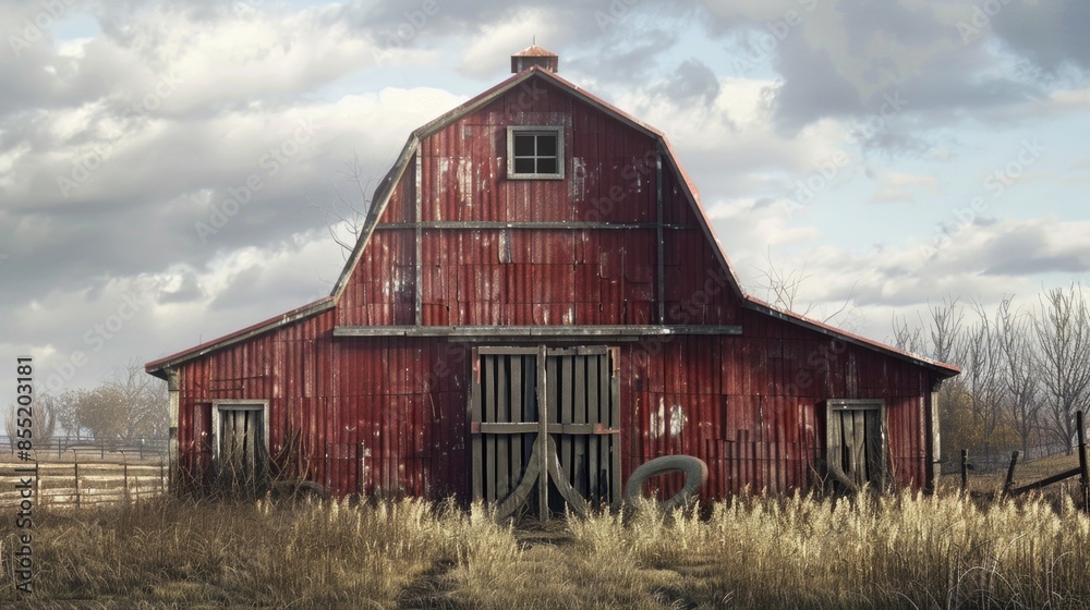 A classic red barn sits amidst a lush green field of tall grass A classic red barn sits amidst a lush green field of tall grass