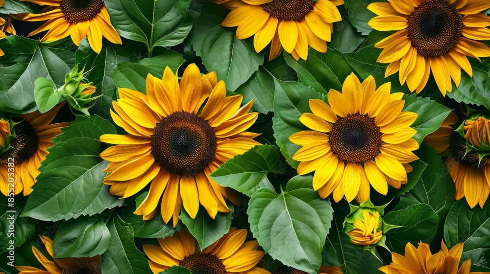 Lush sunflower garden with vibrant golden petals and rich green leaves creating cheerful summer atmosphere suitable for memory-making moments or events. Lush sunflower garden with vibrant golden petals and rich green leaves creating cheerful summer atmosphere suitable for memory-making moments or events.