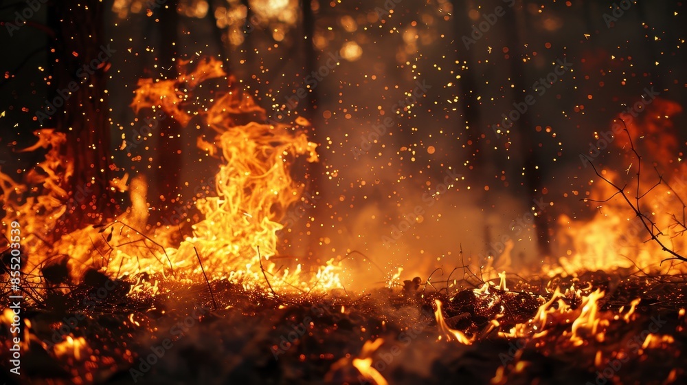 Intense flames and sparks in woodland setting Intense flames and sparks in woodland setting