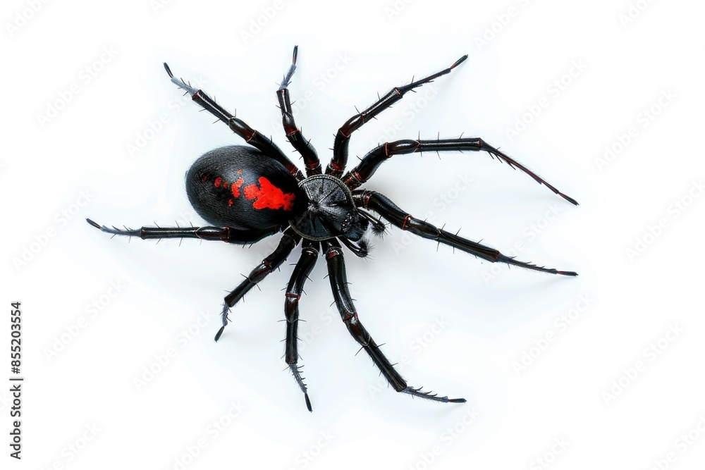 A close-up view of a black widow spider on a white background