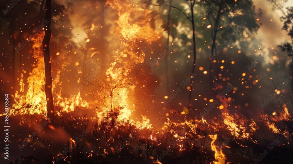 Intense flames and sparks in woodland setting