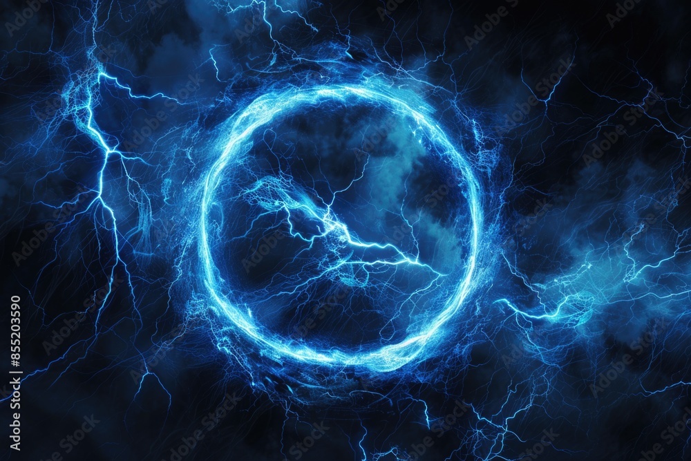 A vibrant circle of blue lightning set against a dark and mysterious background A vibrant circle of blue lightning set against a dark and mysterious background
