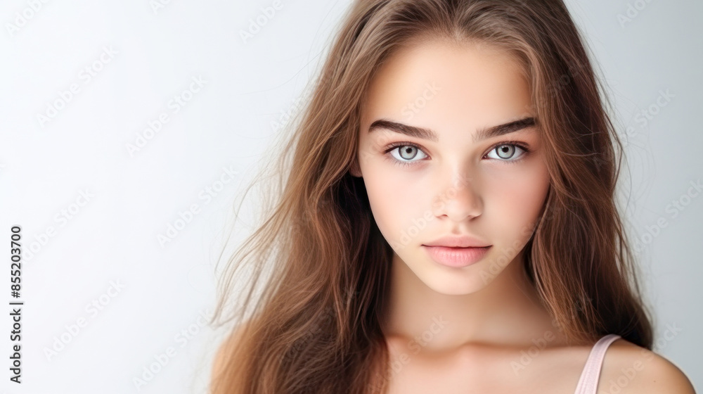 Portrait of a chic cute beautiful baby girl with perfect skin, white background, banner. Portrait of a chic cute beautiful baby girl with perfect skin, white background, banner.
