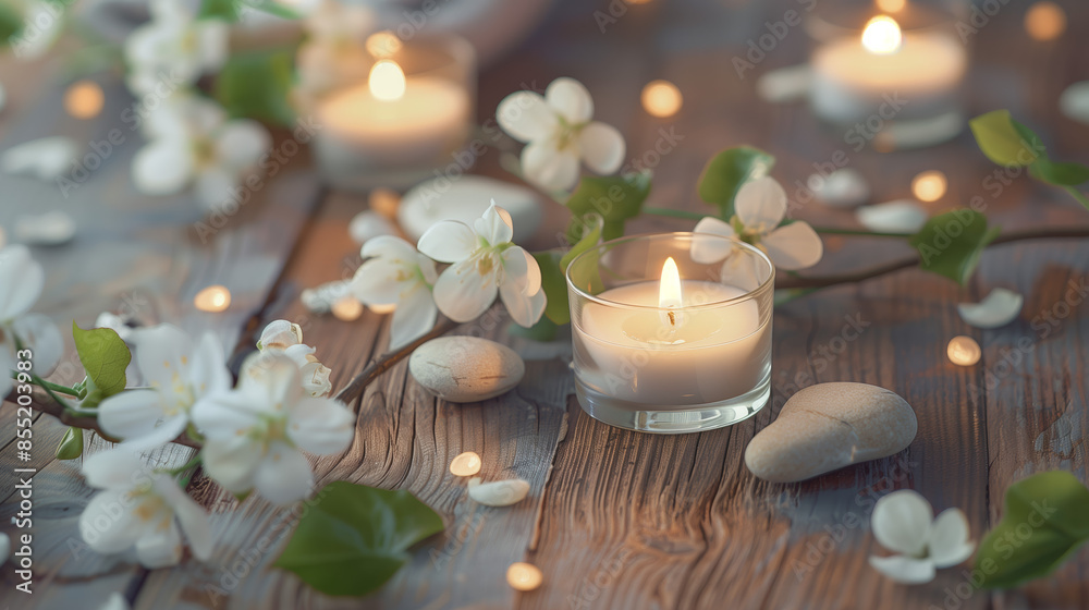 Tranquil spa scene with lit candles, smooth stones, and delicate white flowers on a wooden surface, creating a peaceful and calming ambiance.
