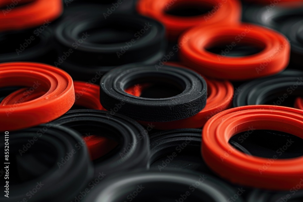 A pile of stacked rubber rings in various colors, including red and black