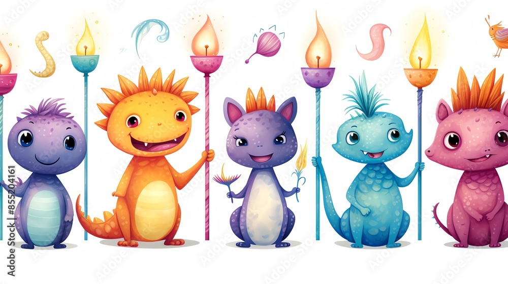 Naklejka premium Five cute cartoon monsters holding candles on sticks.