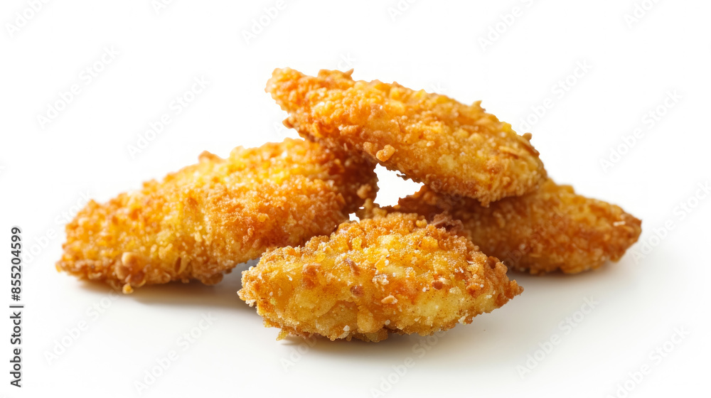 Pile of crispy fried chicken tenders on a white background, showcasing their golden texture and delicious appeal Pile of crispy fried chicken tenders on a white background, showcasing their golden texture and delicious appeal