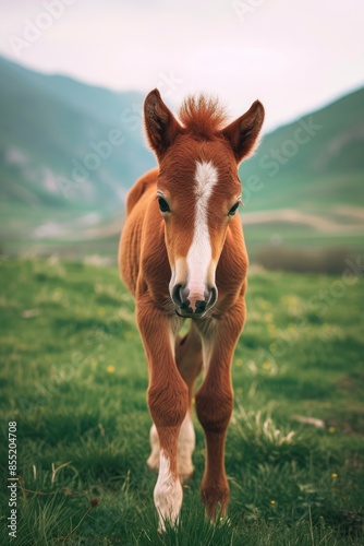 A brown and white horse stands proudly on a lush green field, great for country or nature-themed projects