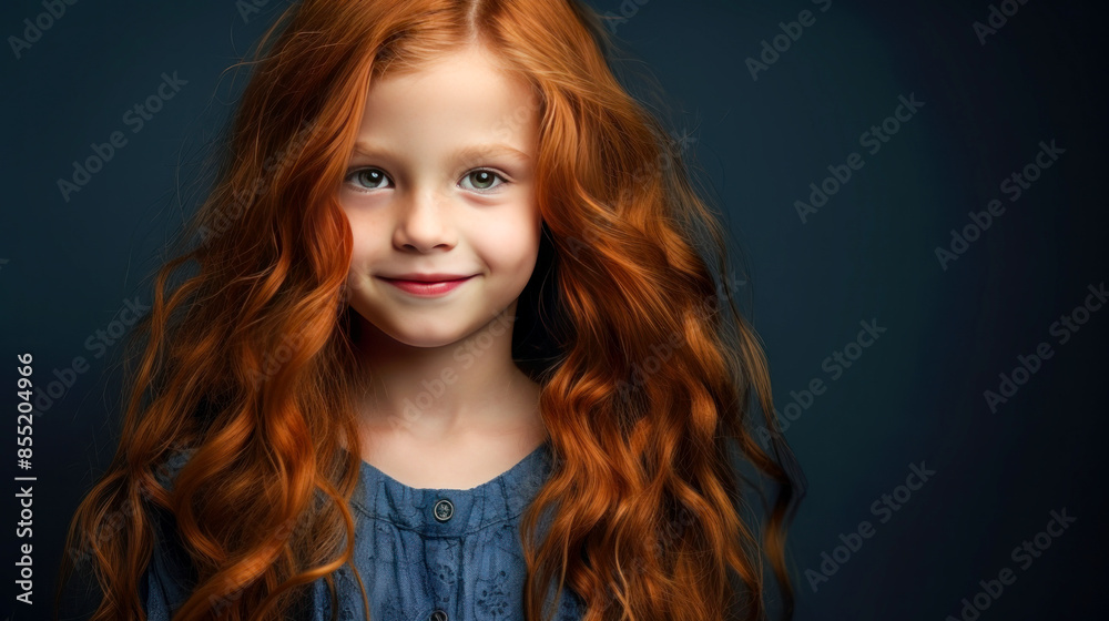 Portrait of a gorgeous cute smiling beautiful baby girl with red hair and perfect skin, dark blue background, banner. Portrait of a gorgeous cute smiling beautiful baby girl with red hair and perfect skin, dark blue background, banner.