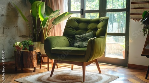 Stock photo of green fabric chair in living room photo