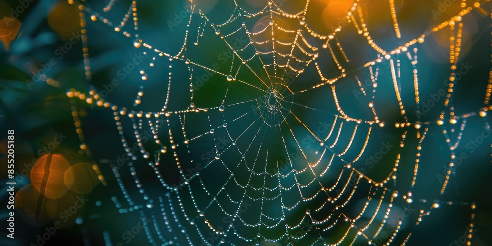 Close-up of water droplets on a spider web, perfect for use in macro photography or science illustrations Close-up of water droplets on a spider web, perfect for use in macro photography or science illustrations
